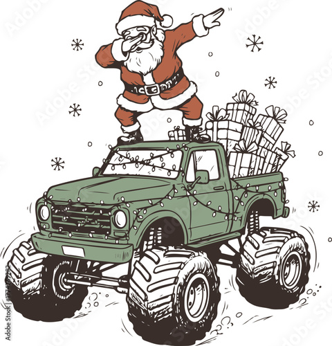 Dabbing Santa Claus On A Christmas Monster Truck With Gifts, A Funny Holiday Vector Illustration For Boys And Kids, Hand-Drawn Sketch Style