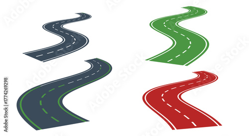 Winding road illustrations in blue green yellow and red colors displayed