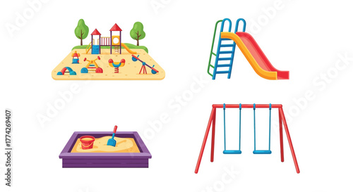 Colorful playground elements including slides swings sandboxes and climbing structures