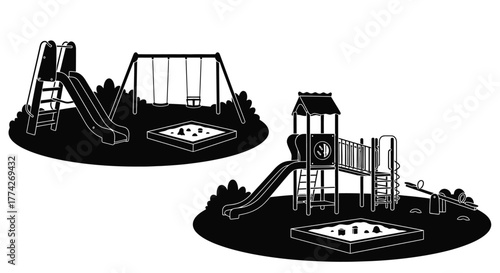 Black and white illustration of a playground with swings and slides