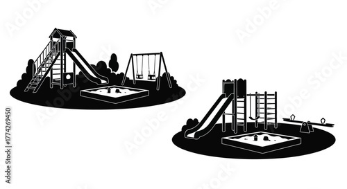 Black and white illustration of a playground with slides and swings