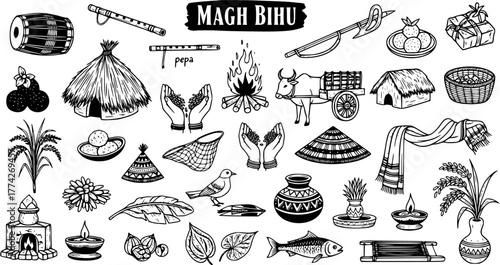 Magh Bihu Assamese Festival Hand-drawn Doodle Icons Set: Traditional Elements, Food, Musical Instruments, and Cultural Symbols of Harvest Celebration