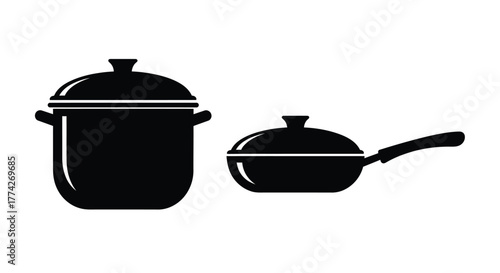 Black and white illustration of a cooking pot and frying pan