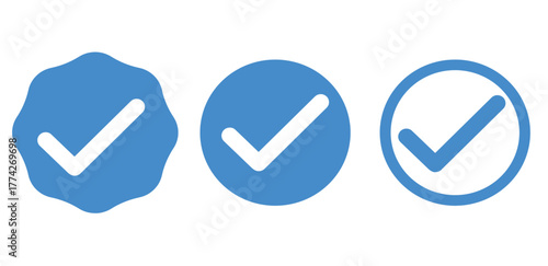 Blue check mark vector icons verification badges for social media flat design elements isolated on white background