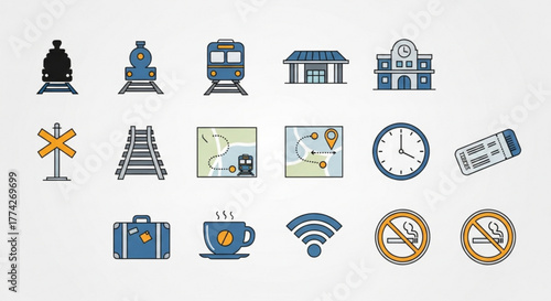 Set of railway station icons includes train, station building, map, clock, ticket, luggage, coffee, wifi, and no smoking symbols