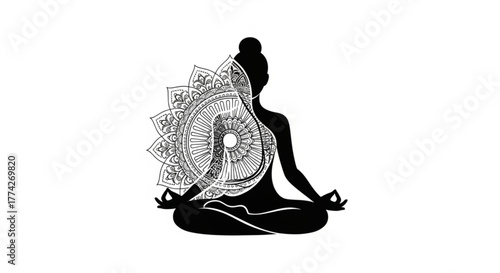 Silhouette of a woman in lotus position meditating with mandala spiritual practice for relaxation, mindfulness, and inner peace yoga and wellness concept