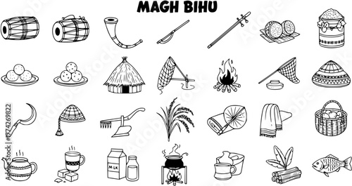 Magh Bihu Assamese Harvest Festival Traditional Elements Vector Art. Hand-drawn Icons of Cultural Instruments, Food, Tools, Attire, and Celebration.
