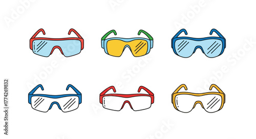 Colorful hand drawn sketch of various styles of protective eyewear