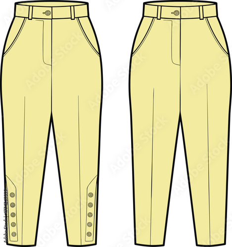 Technical fashion sketch of tapered pants with high waist, front fly, side pockets, button detail variation, garment illustration for apparel design, sewing, textile concept