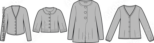 Fashion illustration of women’s cardigans and sweaters, front view technical sketch, neckline and button detail variations, garment design template, vector clothing flat