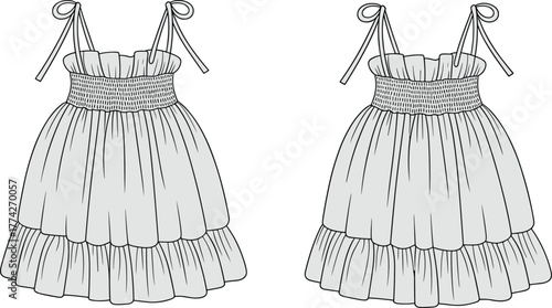 Smocked tiered dress fashion sketch, bow strap sleeveless design, front view illustration, gathered skirt detail, garment construction template, vector art