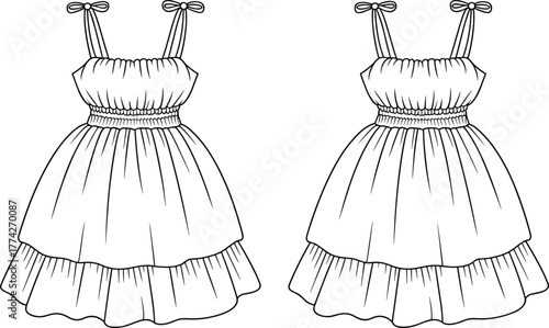 Sleeveless bow strap dress technical sketch, gathered bodice, layered ruffle skirt, front view, fashion flat, garment design, sewing pattern, illustration template
