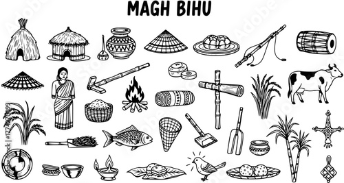 Hand-Drawn Magh Bihu Festival Elements: Assamese Harvest Celebration Icons with Traditional Food, Culture, and Rural Life Illustrations