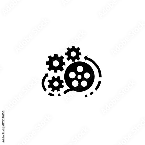 A film reel connected with rotating gears and arrows. Symbolizes the mechanics of filmmaking, video production, editing, and cinematic process.