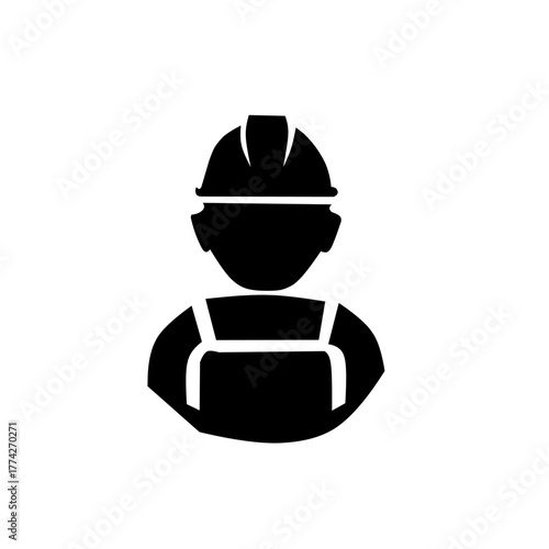 A silhouette icon of a construction worker wearing a hard hat and overalls. Represents manual labor, safety, engineering, and the building trade/industry.