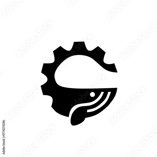 A clever logo blending a whale with a gear wheel, suggesting mechanical power and marine technology. Ideal for industrial, ocean, or engineering brands.