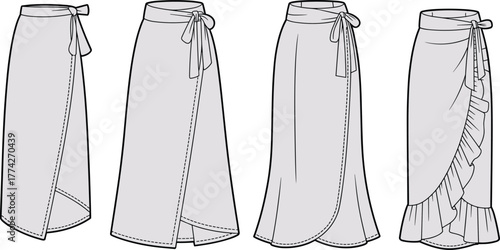 front view technical sketch, sash tie waist with hemline and silhouette variations, garment design vector template