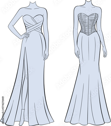 strapless evening gowns with sweetheart neckline, pleated bodice, corset paneling, floor-length silhouette for apparel design, sewing, textile concept