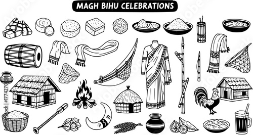 Magh Bihu Celebrations vector illustration set. Traditional Assamese harvest festival elements and cultural symbols.