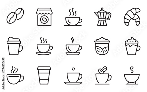  Collection of simple outline icons representing coffee drinks and related items