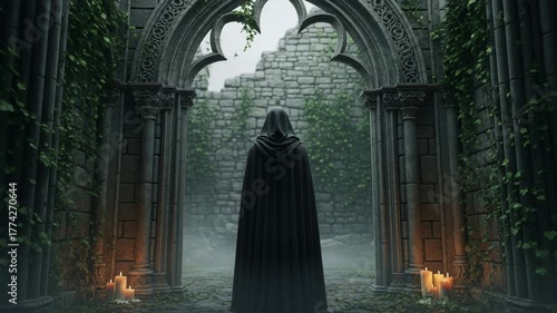 A cloaked mysterious figure standing on a foggy forest path under tall trees, illuminated by ethereal light, evoking mystery and fantasy in a hauntingly beautiful atmosphere