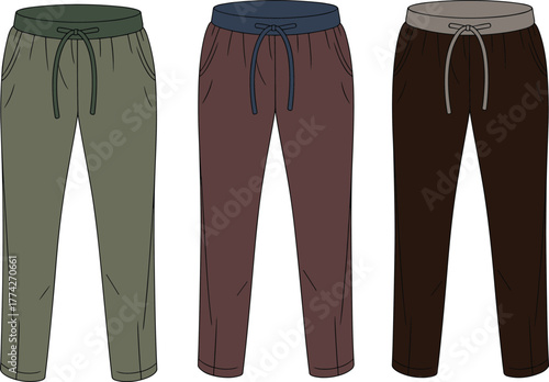 Casual drawstring pants collection, olive green, maroon, dark brown, stylish waistband contrast, comfy fit, fashion basics, unisex loungewear, trendy apparel, vector illustration set