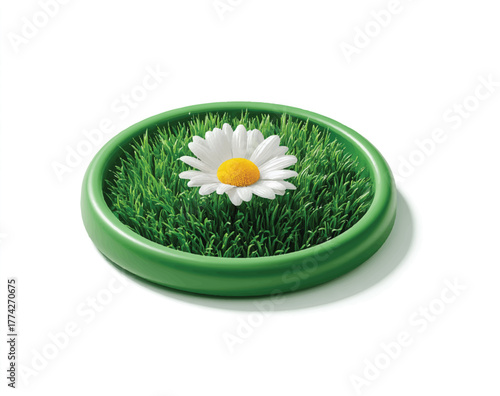 Daisy flower nestled in green grass pot on a white background