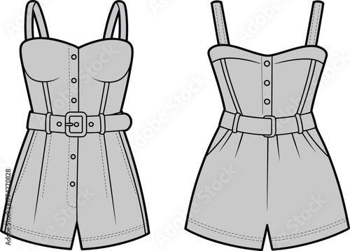 Sweetheart neckline romper technical sketch, belted waist, button front, pleated shorts, fashion flat, garment design, front view, sewing pattern illustration