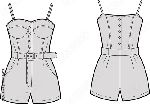 Women’s romper technical fashion sketch, front and back view, sweetheart neckline, belted waist, button-down design, garment construction template, vector illustration