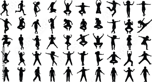 Children silhouette collection, kids jumping and dancing vector set, joyful childhood moments, playful energy poses, happiness, freedom, fun, black outline illustration