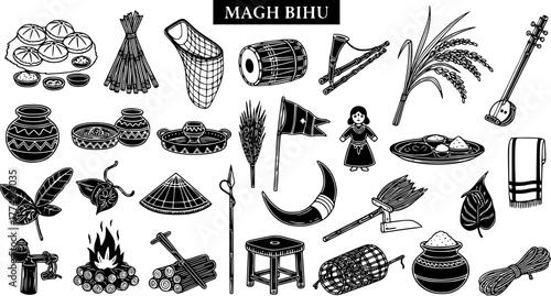 Magh Bihu Assamese Harvest Festival Elements Vector Illustration: Traditional Food, Instruments, Tools, and Cultural Symbols of Bihu Celebration