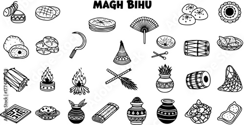 Magh Bihu Festival Hand-Drawn Icon Set: Assamese Harvest Celebration Symbols including Traditional Food, Musical Instruments, Bonfire, and Cultural Objects Vector Art