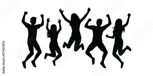 Diverse group of five young adults jumping for joy in a silhouette against a white background. Diverse group of five young adults jumping icon. 