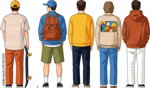 Back view fashion illustration, five diverse male characters, casual outfits, youth style, accessories, streetwear, urban look, vector design set