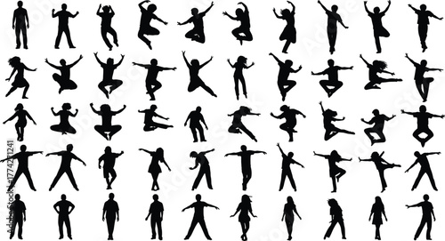 Wallpaper Mural Children silhouette vector set, kids jumping and dancing poses, joyful childhood moments, playful energy, happiness, freedom, black outline illustration for design Torontodigital.ca