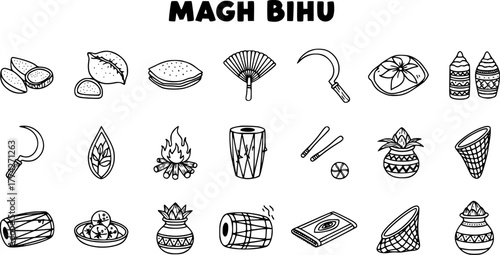Magh Bihu (Bhogali Bihu) Assamese Harvest Festival Icons: Traditional Food, Musical Instruments, Cultural Symbols, and Ritual Elements Doodle Set