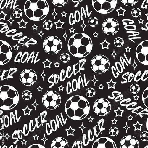 Black White Theme Soccer Ball and Goal Pattern. Perfect for apparel, sports-themed textiles, school supplies, football-inspired designs, etc. Fun pattern for soccer lovers and athletic projects.