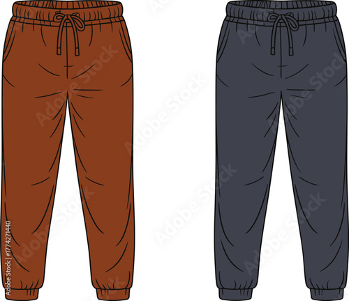 Jogger sweatpants vector set, brown and dark gray, elastic cuffs, drawstring waistband, casual fashion, comfy loungewear, unisex apparel, stylish clothing illustration