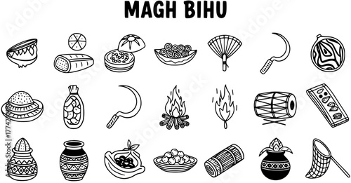 Magh Bihu Festival Hand Drawn Icons Set. Traditional Assamese Harvest Celebration Elements Including Food, Bonfire, Drum, Sickle, and Cultural Symbols.