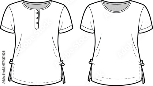 Casual women’s short sleeve top fashion illustration, henley and round neck design, side tie detail, garment sketch, vector template, clothing flat