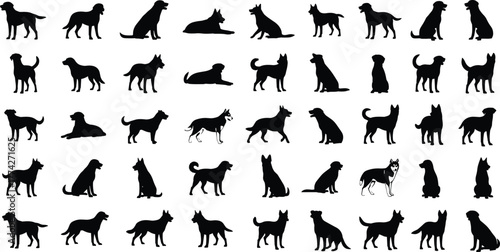 Collection of dog silhouettes in different poses, standing, sitting, and lying, black pet animal vector set for design, logo, and decoration use