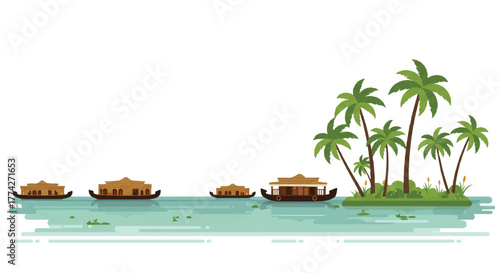 Tranquil Kerala backwaters landscape, rendered as a simplified 2D flat vector illustration, depicting green coconut palm trees lining the peaceful canals under a bright sky.