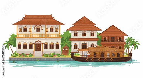 Kerala backwater landscape featuring traditional Indian architecture in a serene, tropical setting, created as a minimal 2D flat vector illustration on a clean white background.