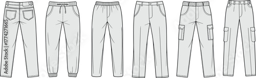 Flat fashion sketch of six pants styles including jeans, joggers, sweatpants, trousers, and cargo pants, technical vector illustration for garment design reference