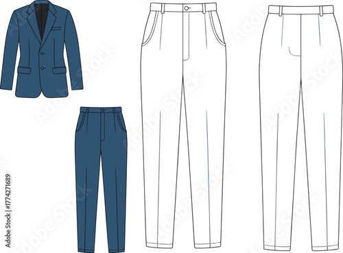 Fashion illustration of blazer and trousers, front and back technical sketch, garment construction details, pocket and seam design, vector clothing template for menswear