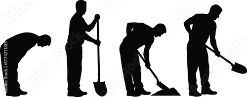 Construction worker silhouette illustration, man digging with shovel, labor action poses, hard work vector, manual labor concept, 