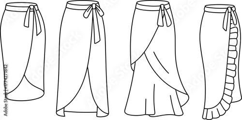 women’s wrap skirts, front view technical sketch, tie waist styles with hem and silhouette variations, garment design vector template