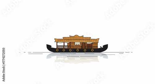 Traditional Kerala houseboat Kettuvallam, rendered in a striking flat 2D vector illustration style, is shown floating calmly on still blue water against a clean white background.