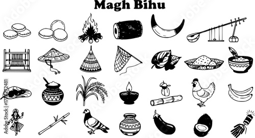 Magh Bihu Festival Elements: Hand-drawn Collection of Traditional Assamese Cultural Symbols, Food Items, Musical Instruments, and Celebration Icons