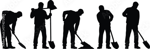 Construction workers silhouettes with shovels, men digging and working, labor action poses vector, industrial occupation illustration, manual work concept, physical job graphic design